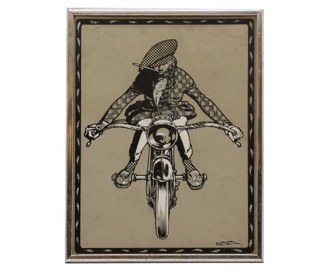 ▲ Bert Thomas (1883-1966) A study of a dapper gentleman on his motocycle, signed and dated '15, pen and ink, with bodycolour,