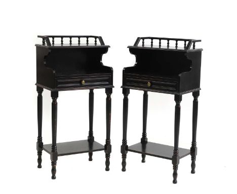 A pair of ebonised bedside tables, modern, each with a three quarter gallery, over a shelf and a drawer, with an undertier, 4