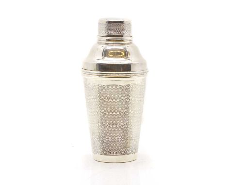 An English silver-plated cocktail shaker, with engine-turned bands, with stamped marks19cm highCondition ReportWith minor sur