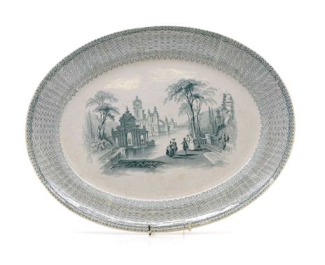 A George Jones Cassino ironstone platter, 19th century, with elegant figures in a garden, to the centre, in decoration, 44cm 