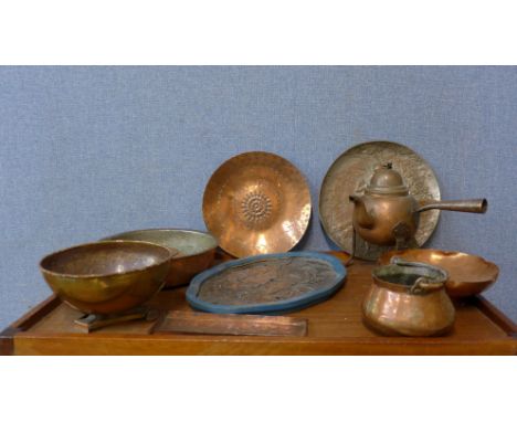 Assorted items, including an Art Nouveau tray, an Arts and Crafts tray, an embossed copper plaque, a French glass light fitti