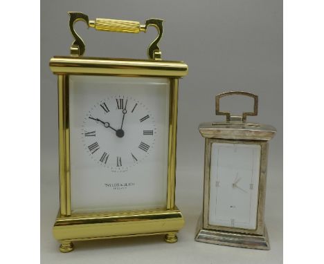 A Taylor & Bligh brass carriage clock and a plated quartz clock