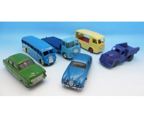 Three Corgi die-cast vehicles, Jaguar 2.4ltr, Ford Consul and ERF Model 44G, two Dinky Toys, 30V N.C.B. Electric Van, 'Expres