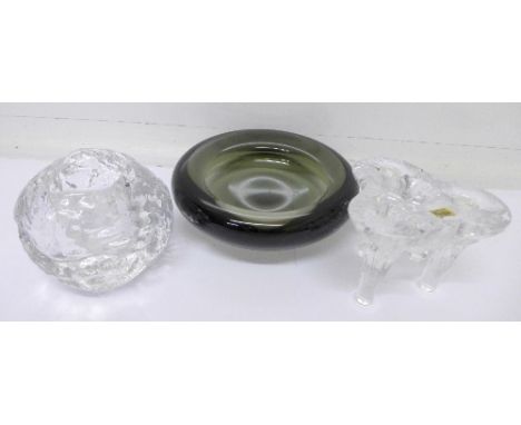 Three items of Scandinavian art glass; signed offset Holmegaard bowl by Per Lutken, Kosta triple candle holder by Goran Warff