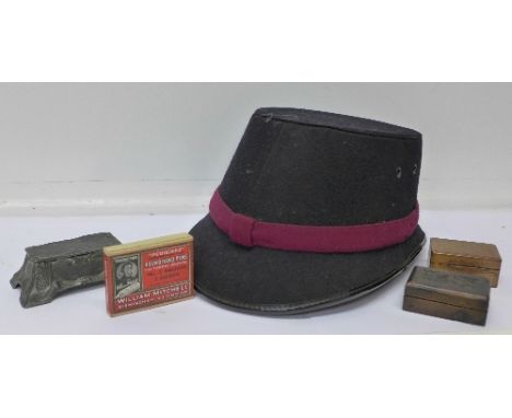 A Post Office hat, two small wooden boxes, a box of Round Hand pen nibs and a stamp box