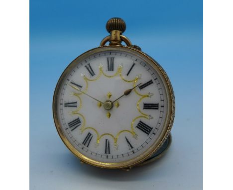 A 14ct gold fob watch with enamel dial