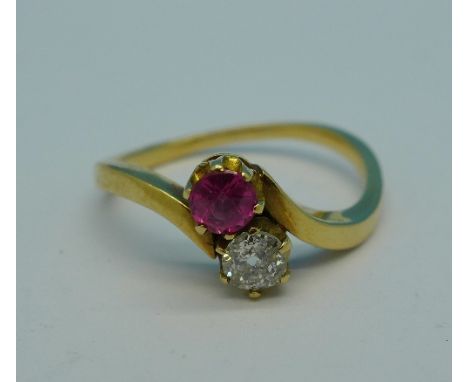 A yellow metal, diamond and synthetic ruby ring, diamond weight 0.20ct, total weight 3.7g, P