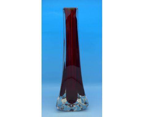 A Whitefriars 1961 three sided glass vase, no.9570, Geoffrey Baxter, ruby red, 23cm