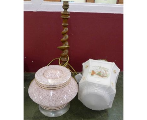 A barleytwist lamp base, a 1960's glass light shade and a Chinese lantern style light shade with oriental decoration