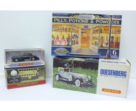 Die-cast vehicles including a Dinky Toys Delahaye 145, Duesenberg model radio, etc.