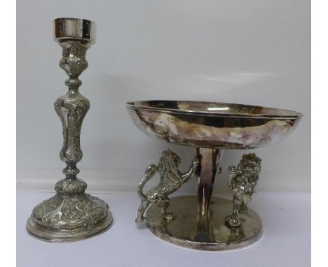 A plated centrepiece and candlestick