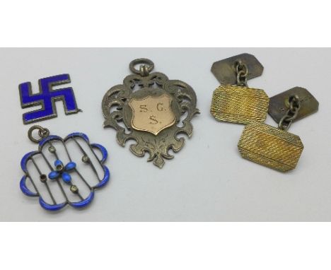 A silver fob, a silver and enamel pendant, a silver charm a/f, and a pair of 9ct gold on silver cufflinks