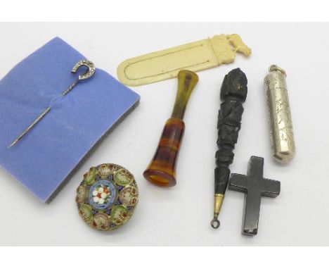 A stick pin, an ivory bookmark, micro-mosaic brooch, white metal needle holder, etc.