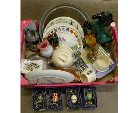 Collector's plates including RAF, a Beswick monkey, a pewter tea service, a Beswick loaf dish, etc.