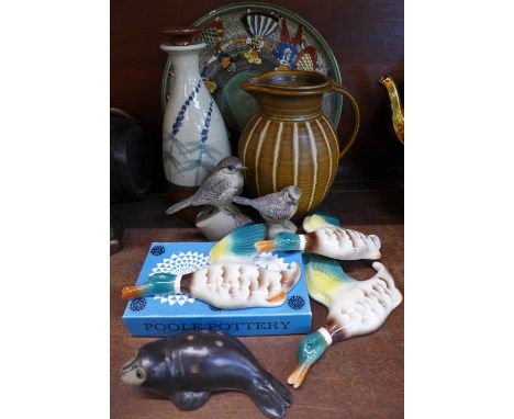 Poole pottery and studio pottery including a John Harlow Somerset decanter, some a/f, (10)