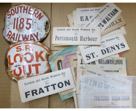 Railway luggage labels and two enamel plaques
