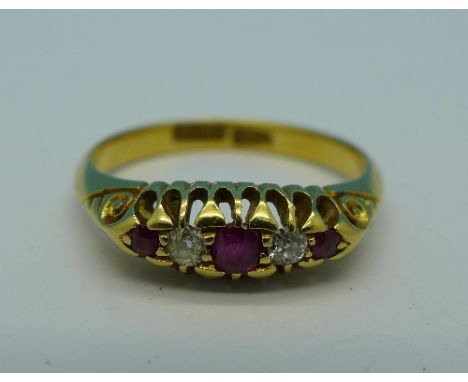 An 18ct gold, ruby and diamond ring, 2.9g, M