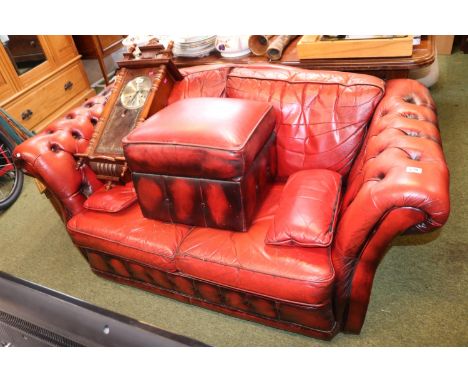 Red Leather button back upholstered 2 seater sofa with matching footstool