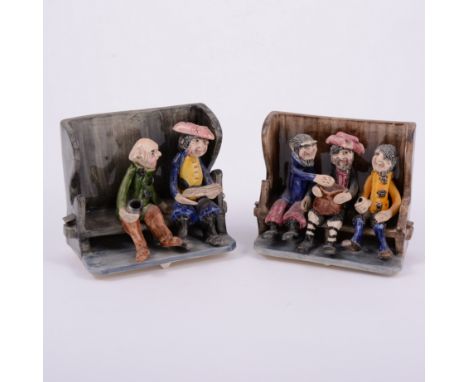 Alan Young, two Widecombe Pottery groups, one with three men drinking on a settle, the other with two men on a settle, both s