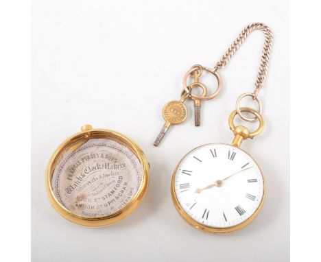 A gilt metal pair cased pocket watch.47cm white enamel dial with roman numeral chapter ring in a plain gold-plated case and o