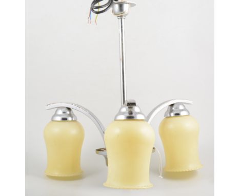 A three-branch down-lighter ceiling light, with white glass shades, chromed metal with amber coloured bakelite, 40cm drop. 