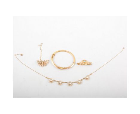 A collection of pearl set jewellery, a necklace with five floral motifs each set with a 3.8mm cultured pearl, overall length 