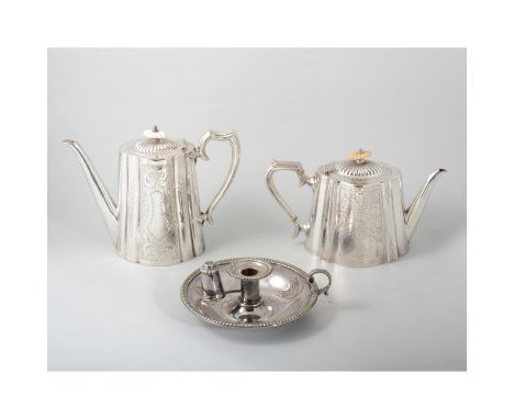 Quantity of silver-plated items; including coffee and tea pots, chamber stick, and others. 