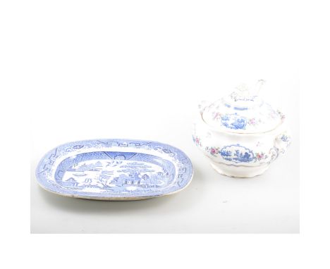 Wedgwood blue transferware bowl, Ferrara pattern, diameter 21cm, other transferware including a Booths soup tureen with ladle