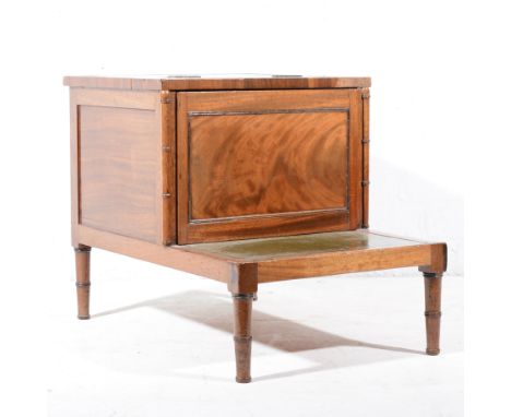 Mahogany step commode, leather upholstered tops, turned and ringed legs, width 42cm, depth 62cm, height 46cm.