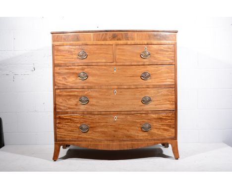 George III mahogany bowfront chest of drawers, with Tunbridge ware banding to the frieze incorporating a concealed drawer, tw