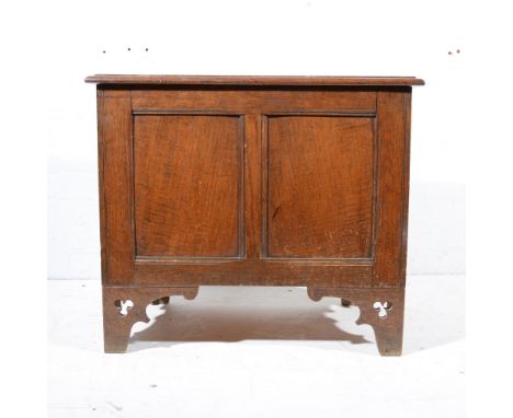 Joined oak coffer, substantial alteration, two panel hinged top, bracket feet, width 69cm.