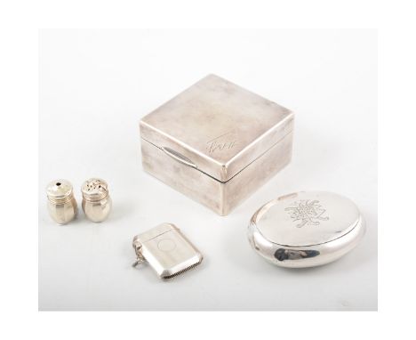 Silver vesta case, Birmingham 1914, engine-turned, 5cm, an oval silver tobacco box, engraved monogram, silver cigarette box a