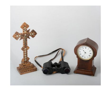 An H Park mahogany cased plate camera, a mahogany cased lancet top shelf clock with roman numeral dial, 21cm high, a pair of 