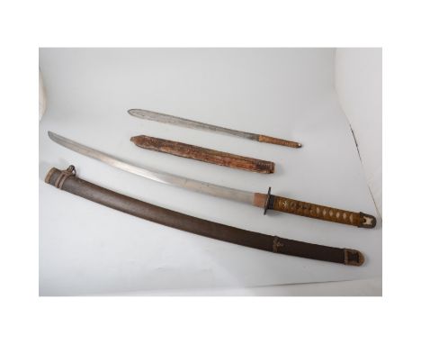 Masai type sword in a leather covered wooden scabbard, 56cm, together with a Japanese sword with a mound fish scale handle, p