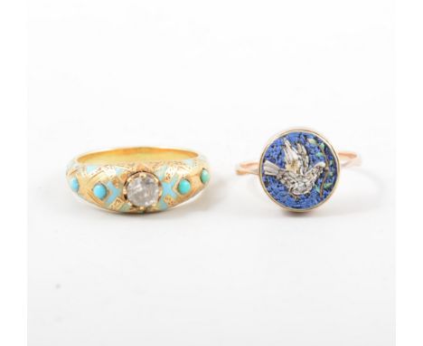 Two vintage rings, a 9mm diameter micro mosaic ring depicting a  peace dove on blue sky, collet set and mounted on a rose met