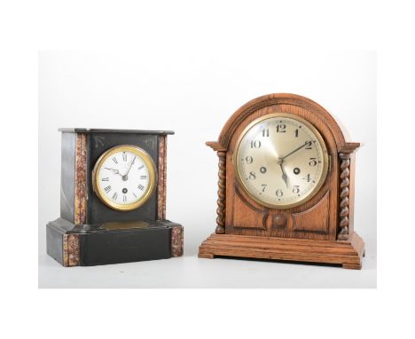 Mantel clocks,  slate and marble, eight day movement; oak cased mantel clock with arched hood, Westminster chime, (2)