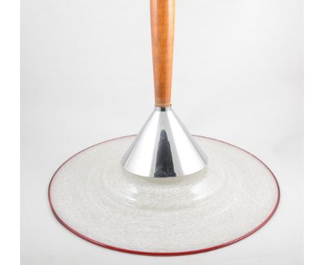 A French glass ceiling light, internally mottled glass with white flecks, red rim, on wood and chrome metal support, approx d