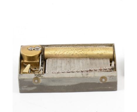 Tin cased Swiss musical box, No.15134, 6.5cm drum, damaged comb, width 9cm, in a fabric case.
