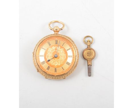 An 18 carat yellow gold open face fob watch, 30mm gold coloured dial, floral centre with roman numeral chapter ring, 18 carat