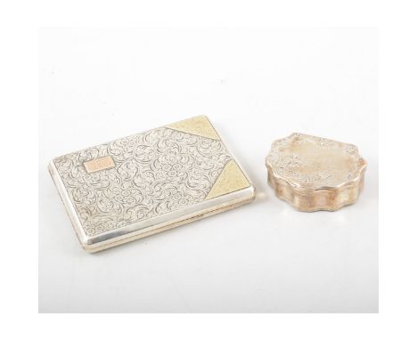 A continental white metal snuff box, scalloped edge, 55mm wide, gilded interior, a white metal scroll engraved and engine tur
