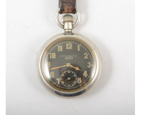 A military issue pocket watch, the 45mm black dial having an arabic numeral chapter ring and subsidary seconds dial named H W