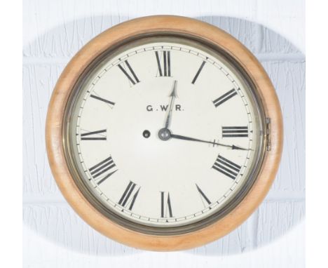 A GWR fusee wall clock, 29cm white dial with arabic numeral chapter ring in a 37cm bleached mahogany case.