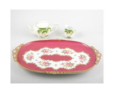 Noritake part coffee set, painted with European landscapes and a Limoges Sevres style oval dish with metal surround, 43cm.