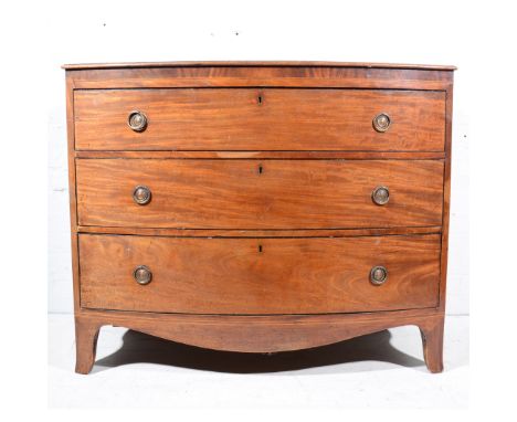 Early Victorian mahogany bowfront chest of drawers, inlaid frieze over three long drawers, bracket feet, width 115cm.