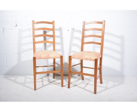 Pair of ladder back bedroom chairs, upholstered seats, square tapering legs with turned rails, width 38cm.