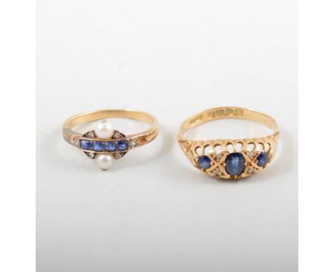 Two sapphire and diamond rings, an 18 carat yellow gold ring set with three sapphires spaced by four rose cut diamonds, hallm