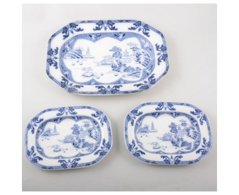 Copeland ironstone dish, Spode landscape pattern, 31cm and four to match of smaller size.