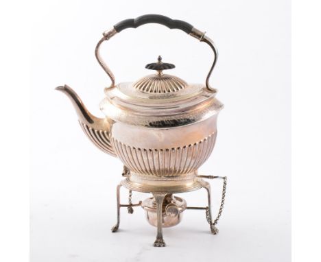 Electroplated spirit kettle on stand, Walker and Hall, Sheffield, oval form with semi-fluted body and engine turned borders, 