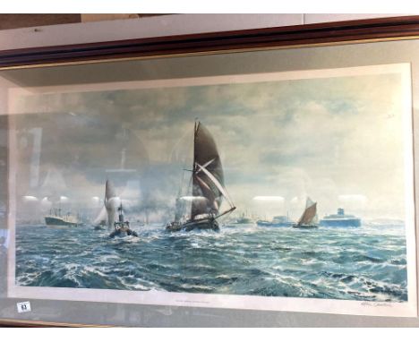 A Thames river barges signed print 56 x 100cm (Image).&nbsp;COLLECT ONLY