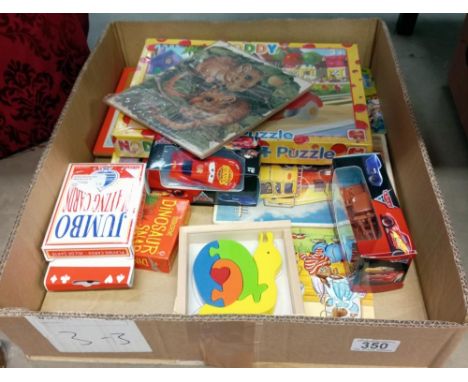 A box of vintage &amp; collectable toys including Disney cars, wooden jigsaws etc